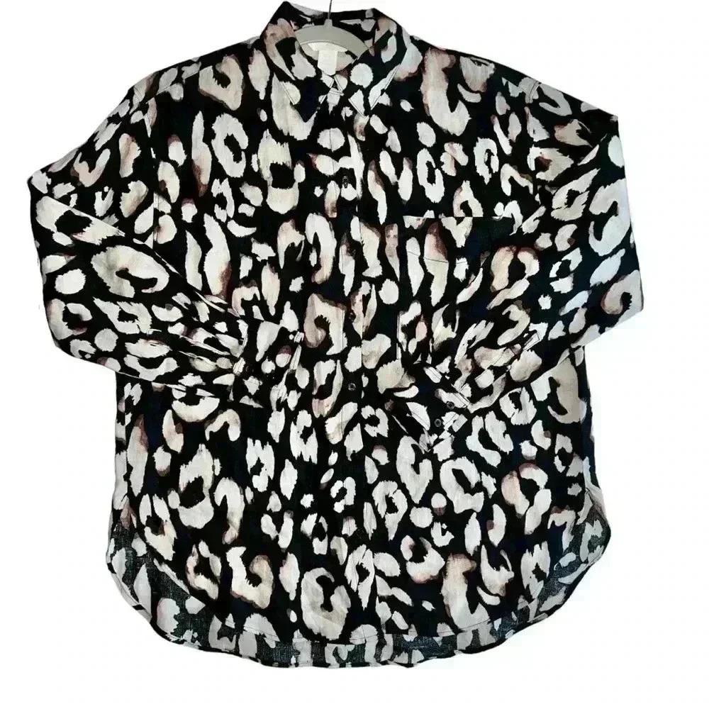 100% linen leopard print button down oversized top nwot size xs fits like M
